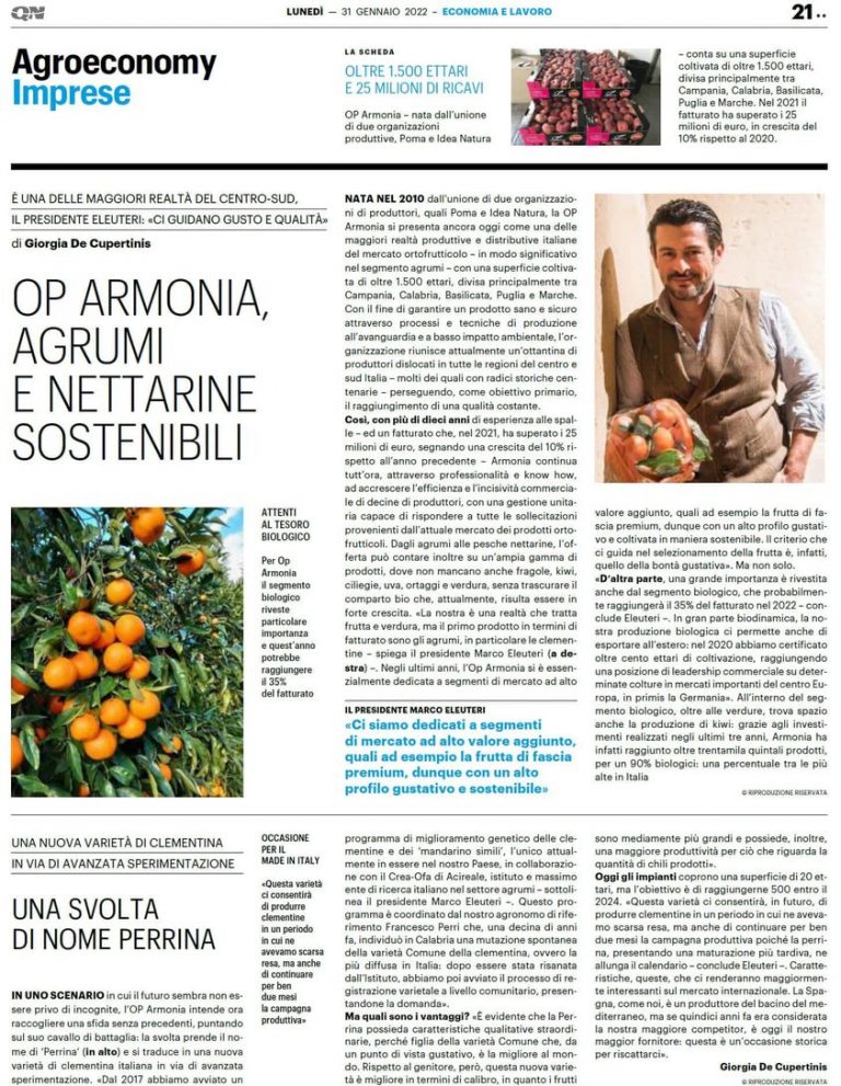 QUOTIDIANO NAZIONALE: OP ARMONIA, AGRUMI E NETTARINE SOSTENIBILI